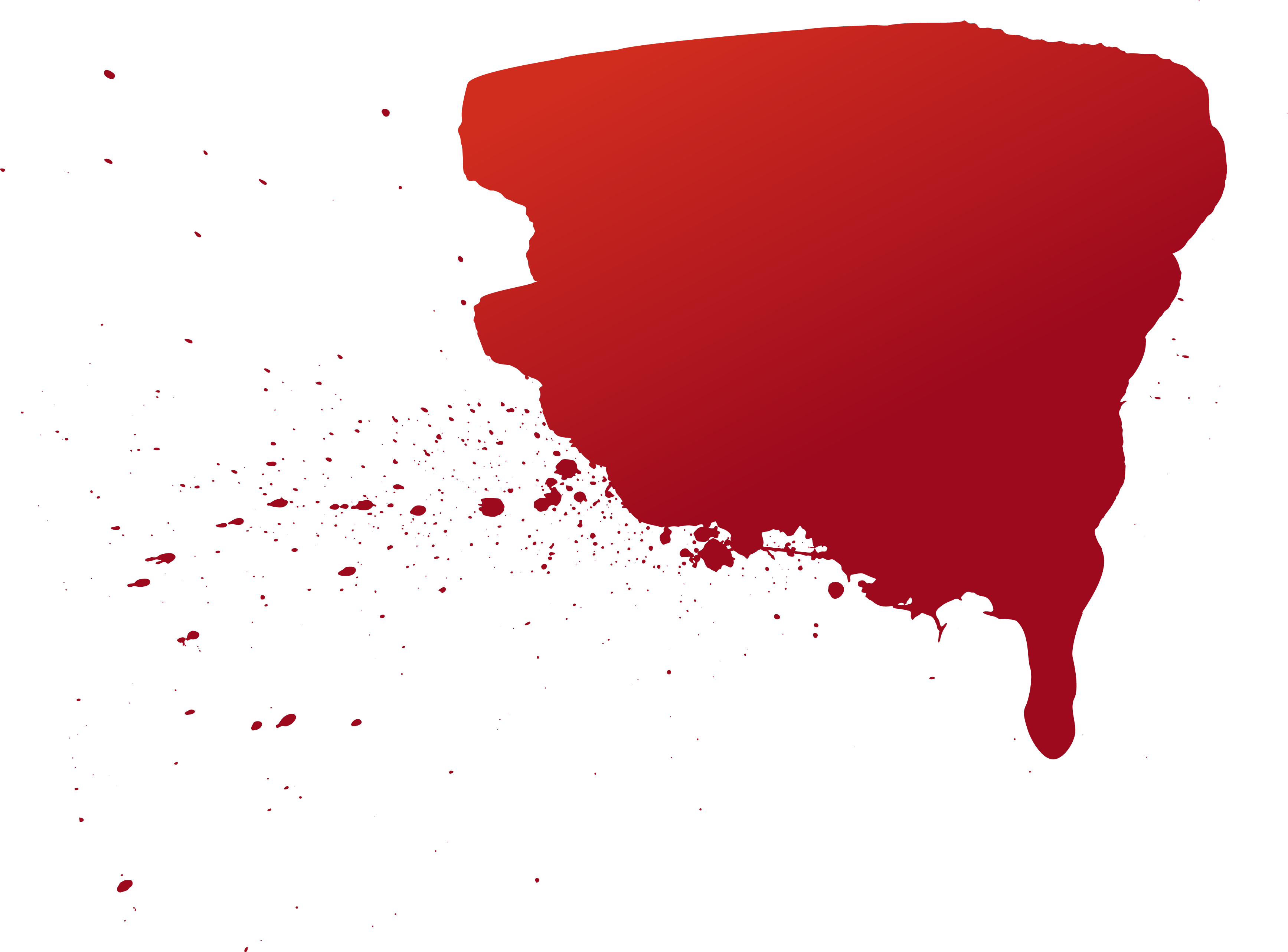 A large red blood splatter with a thick, rounded shape on one side, gradually thinning out into small droplets with a single elongated drip on a black background.